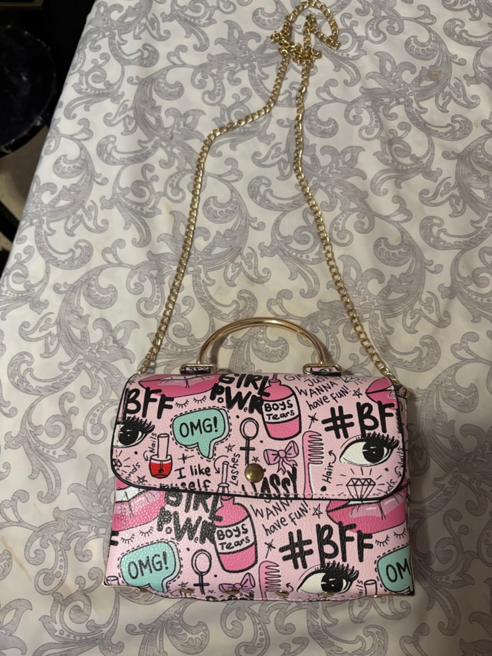 Playful Pink Graphic Mini Crossbody Bag with Gold Chain